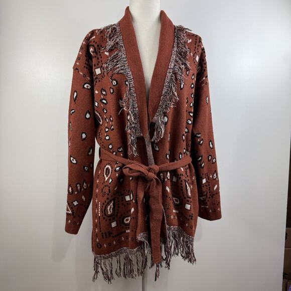 On Twelfth Rust Brown Bandana Print Cardigan XL Fringe Belted Boho Western Wool - Picture 13 of 13